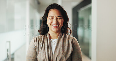 Buy stock photo Portrait, business and woman with smile in office for career pride, about us and real estate. Happy, female realtor and ambition for property development, housing consultant and expansion opportunity