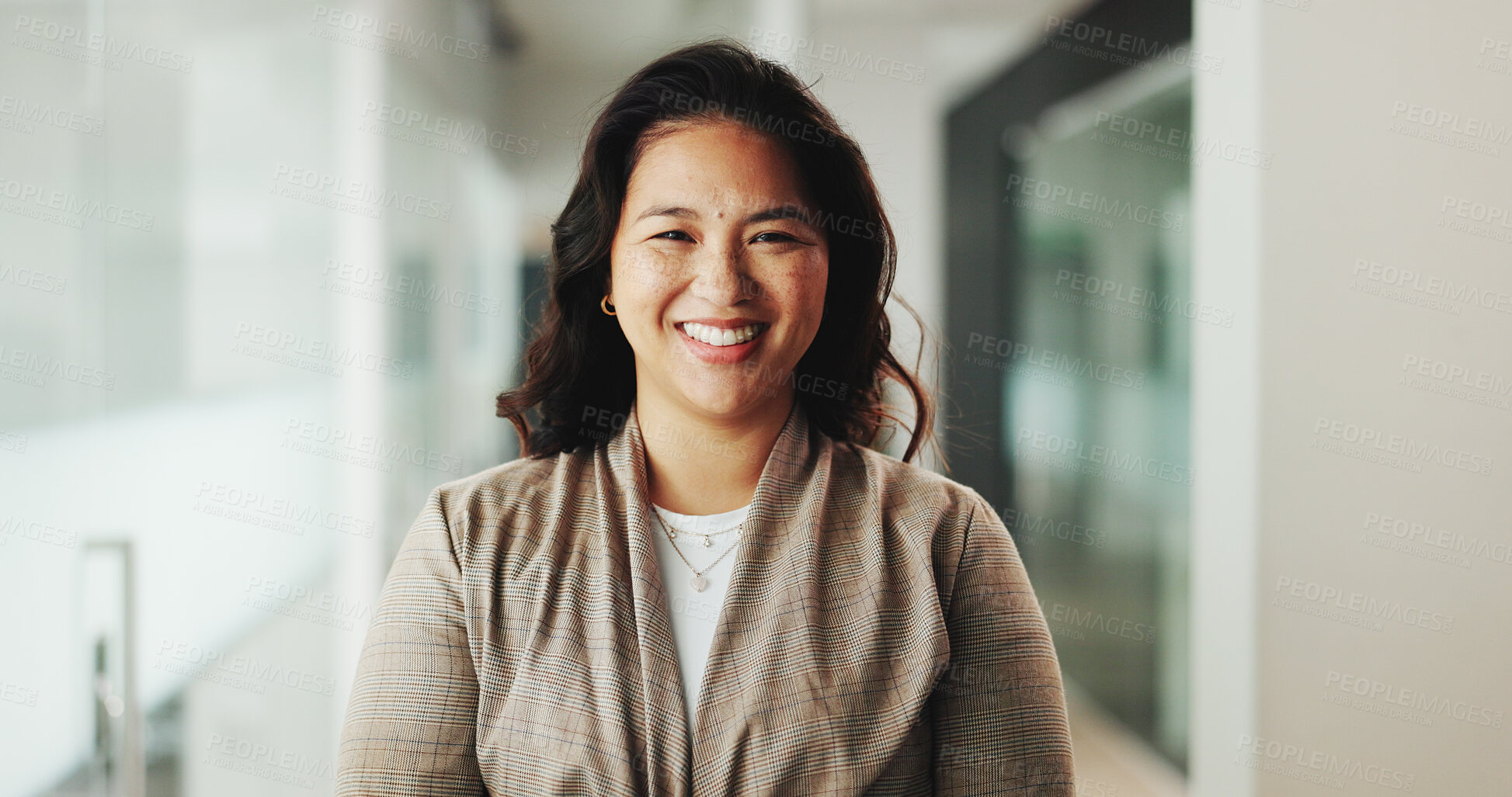 Buy stock photo Portrait, business and woman with smile in office for career pride, about us and real estate. Happy, female realtor and ambition for property development, housing consultant and expansion opportunity