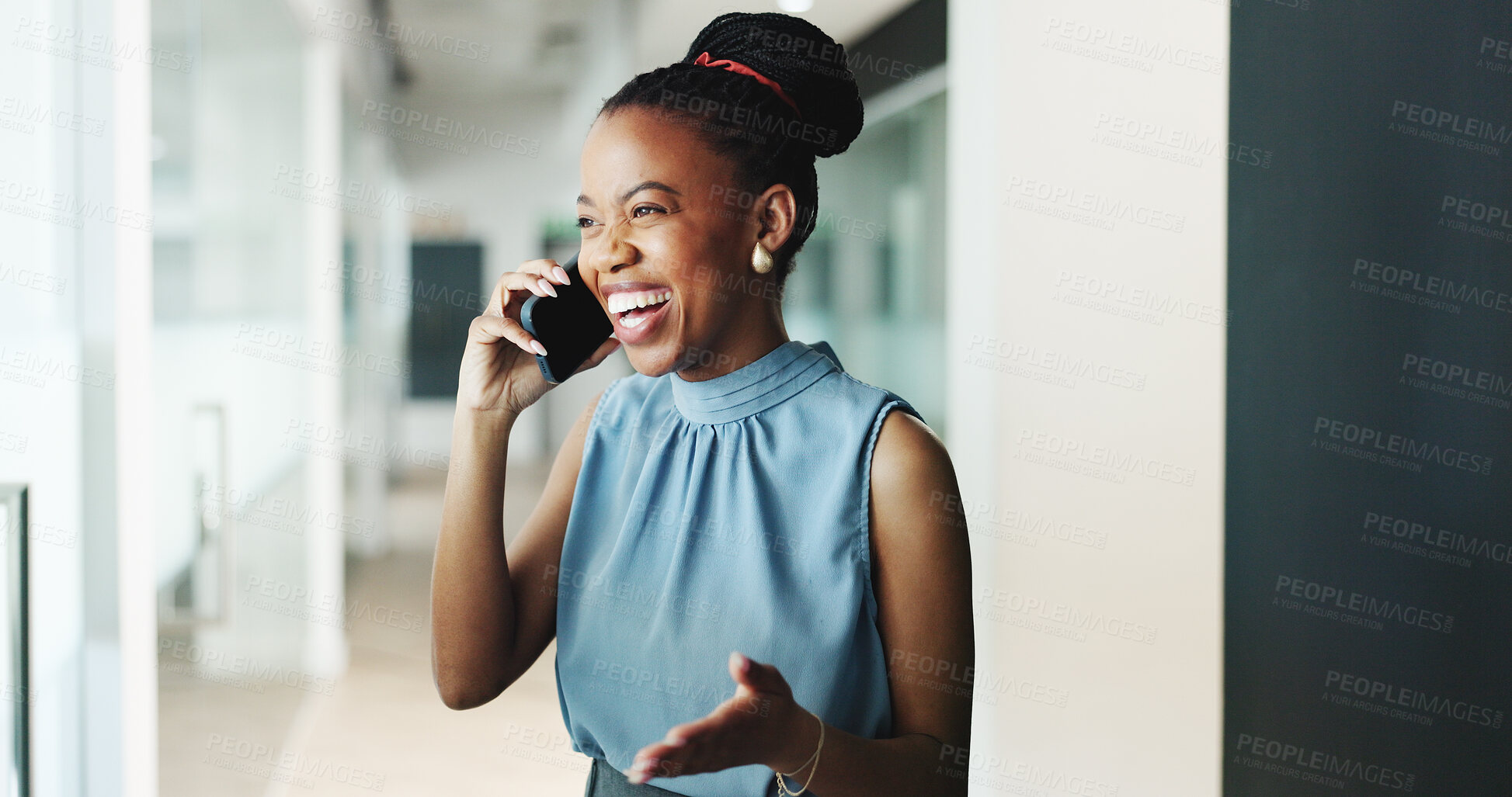 Buy stock photo Phone call, laugh and businesswoman in office with communication for client feedback on finance report. Smile, cellphone and African financial manager on mobile discussion for investment negotiation.
