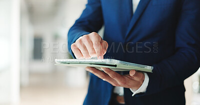 Buy stock photo Research, app and hands with tablet, office and scroll for financial analysis, employee and project. Browsing, online and person with info for business growth, space and investment banker with tech