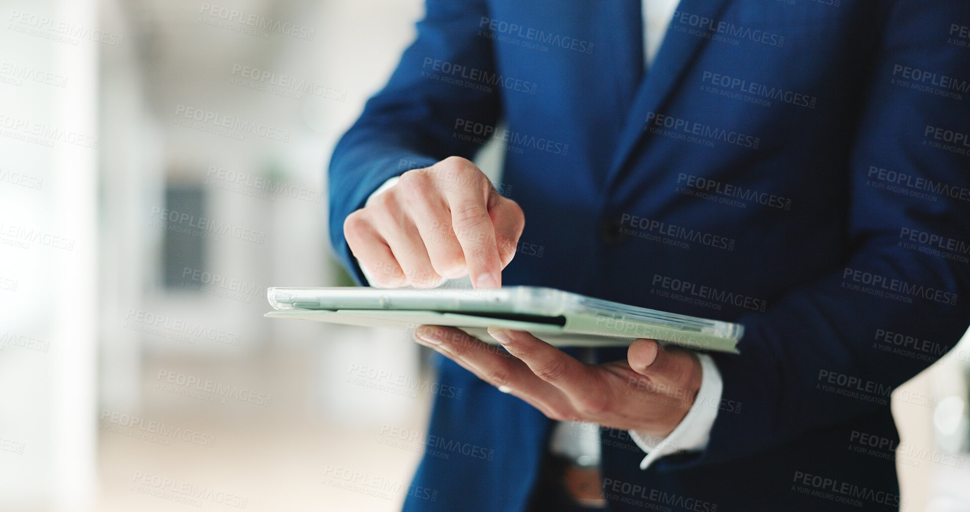 Buy stock photo Research, app and hands with tablet, office and scroll for financial analysis, employee and project. Browsing, online and person with info for business growth, space and investment banker with tech