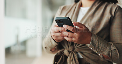 Buy stock photo Hands, cellphone and businesswoman in office for email, communication or contact for finance deal. Technology, typing and female financial manager with phone for investment proposal in workplace.