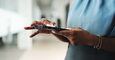 Buy stock photo Tablet, hands and businesswoman in office with research for finance report for budget plan. Digital technology, scrolling and female financial manager with email for investment proposal in workplace.