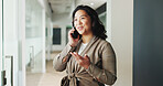 Happy, business and woman with phone call in office for consultation, real estate and contact client. Smile, female relator and mobile discussion, property negotiation and buyer inquiry with proposal