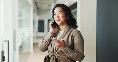 Buy stock photo Happy, business and woman with phone call in office for consultation, real estate and contact client. Smile, female relator and mobile discussion, property negotiation and buyer inquiry with proposal
