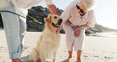 Buy stock photo Beach, pet and senior couple with dog for walking, adventure and bonding on weekend. Marriage, retirement and elderly man and woman with Golden Retriever by ocean for travel, wellness and health