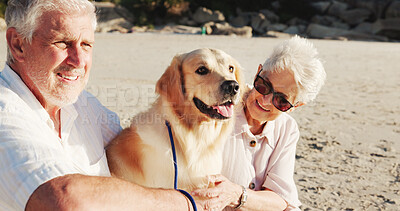 Buy stock photo Beach, happy and senior couple with dog for relax, adventure and bonding in morning. Marriage, retirement and elderly man and woman with Golden Retriever by ocean for connection, wellness and love