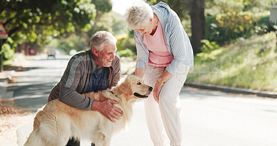 Buy stock photo Happy, outdoor and senior couple with dog for fresh air, walking and exercise together for animal care. Retirement, park and elderly people with Golden Retriever for wellness, health and bonding