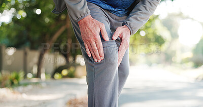 Buy stock photo Outdoor, injury and old person with knee pain, fitness and discomfort with training accident or sore. Pensioner, arthritis and muscle sprain after exercise routine, inflammation and joint tension