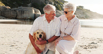 Buy stock photo Beach, laugh and senior couple with dog for love, adventure and bonding on weekend. Marriage, retirement and elderly man and woman with Golden Retriever by ocean for embrace, wellness and health
