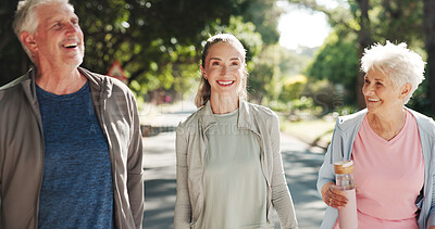 Buy stock photo Fitness, woman and walking with senior parents, park and laughing at funny story, smile and bonding. Outdoor, elderly people and workout routine with daughter, wellness and happiness for health goals