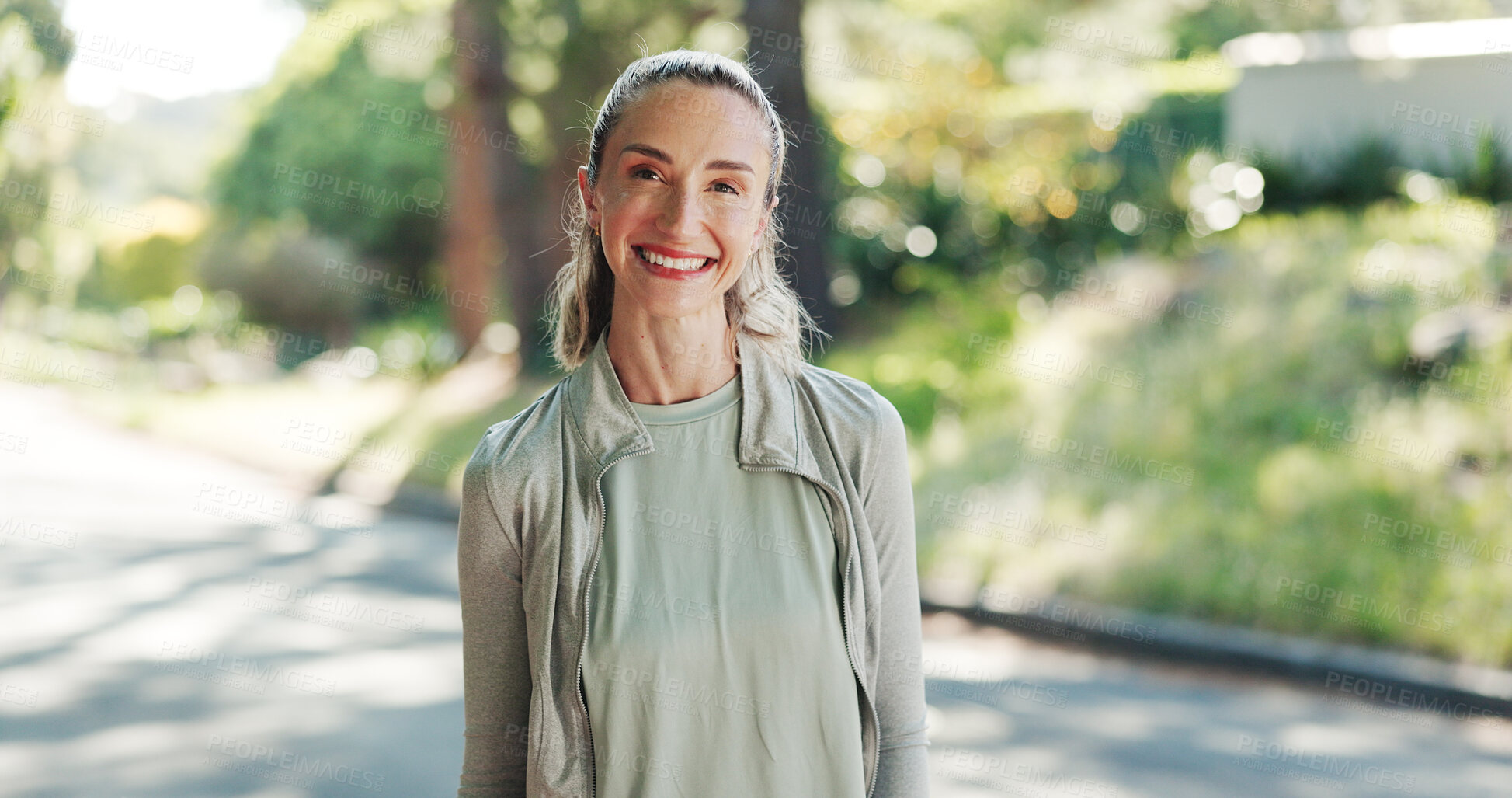 Buy stock photo Happy woman, portrait and fitness with nature for workout exercise, health or wellness in road. Active, female person or neighborhood with smile for training, sport or outdoor run in an urban street
