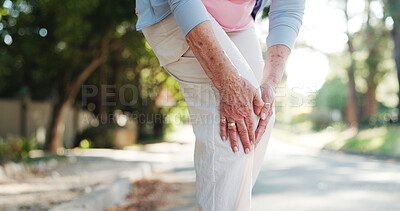 Buy stock photo Senior woman, hands and fitness with knee injury for accident, emergency or pain in road. Elderly, female person or leg with ache, sprain or bone for muscle tension, fibromyalgia or bruise in street