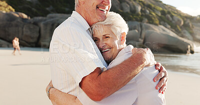 Buy stock photo Senior, happy couple and beach with hug for relationship, retirement holiday or love in nature. Elderly, man and woman with smile or embrace on ocean coast for summer weekend, outdoor getaway or date
