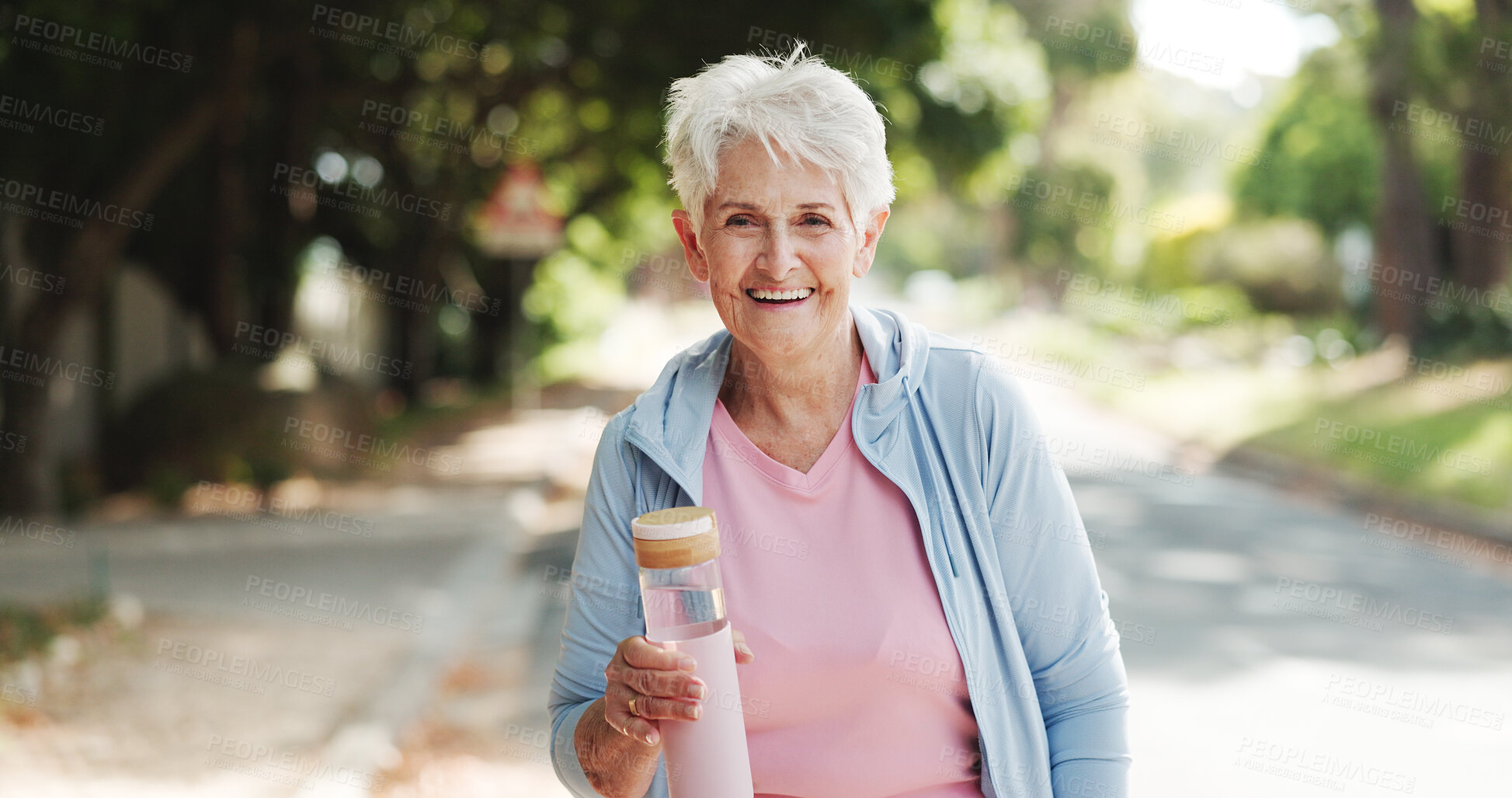 Buy stock photo Park, water and portrait of old woman for exercise, health and hydration outdoor. Smile, morning and happy elderly person with liquid, minerals and bottle for active hobby, wellness and walking