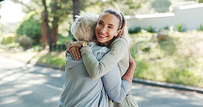 Buy stock photo Senior mom, fitness and hug with love, workout or wellbeing together for support in nature. Elderly mother, female people or adult daughter with embrace for exercise, health or wellness in road