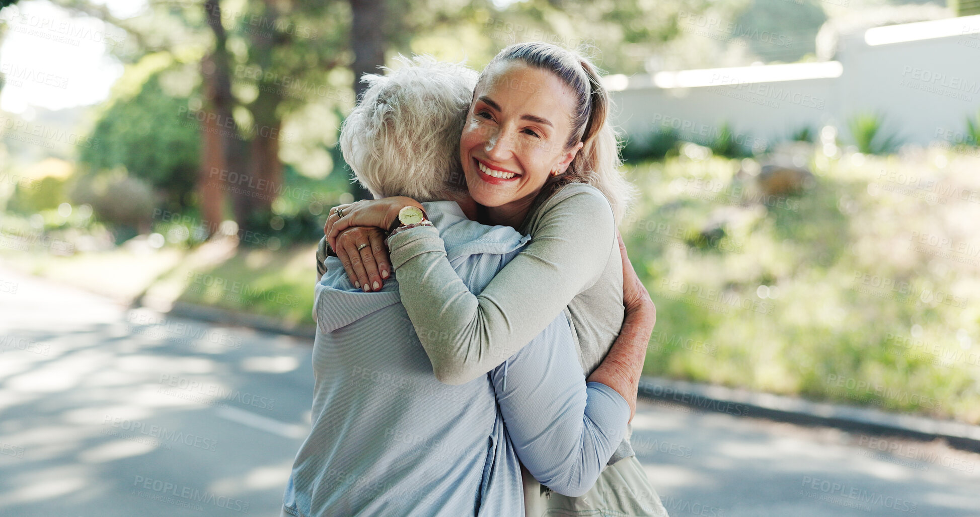 Buy stock photo Senior mom, fitness and hug with love, workout or wellbeing together for support in nature. Elderly mother, female people or adult daughter with embrace for exercise, health or wellness in road