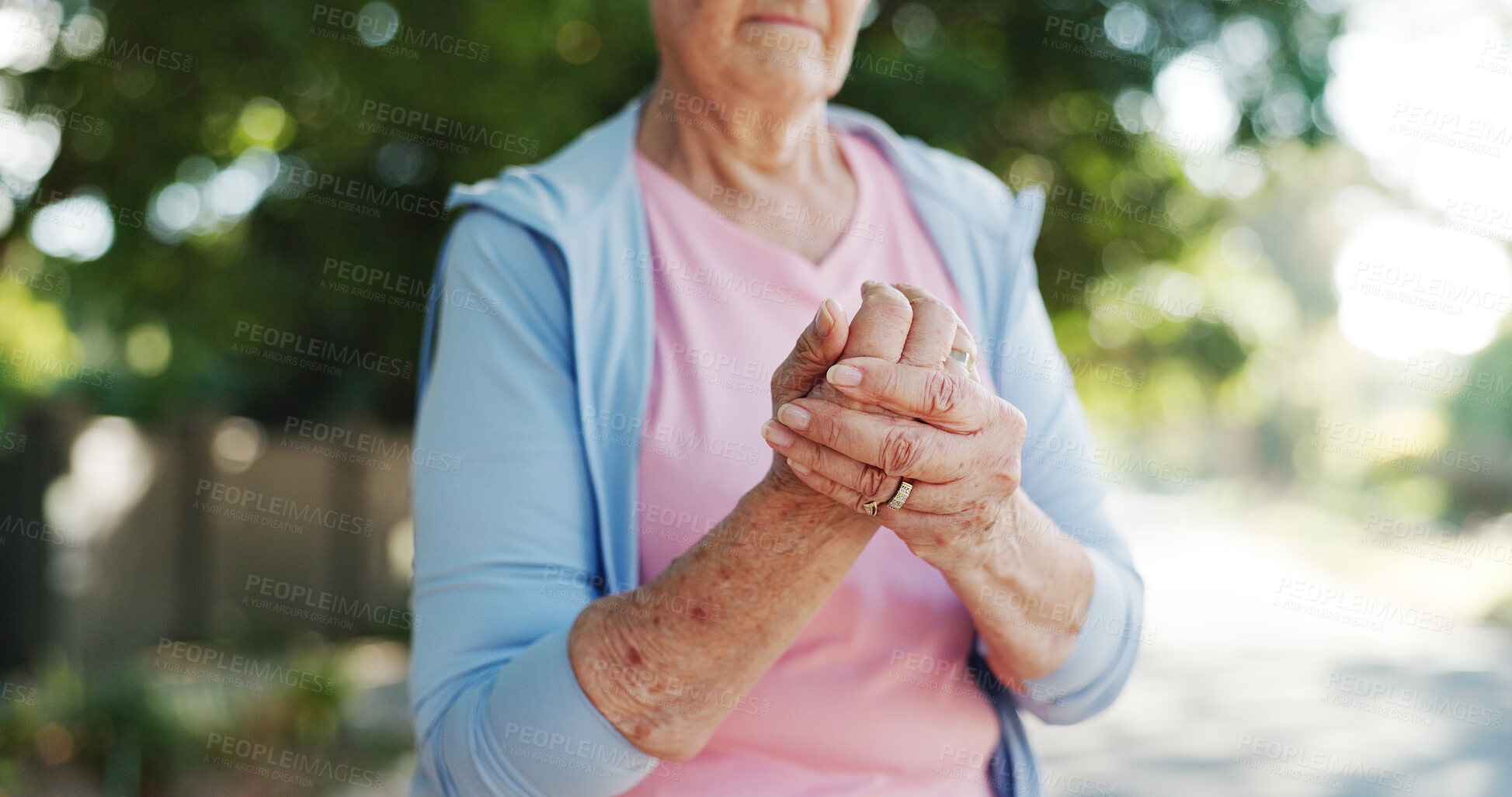 Buy stock photo Senior woman, hands and wrist pain with injury in nature for carpal tunnel syndrome in road. Closeup, elderly or female person with sore arm or fibromyalgia for joint inflammation or muscle tension