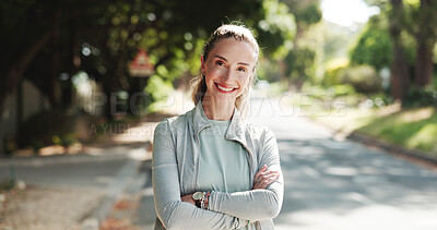 Buy stock photo Happy woman, portrait and fitness with confidence for workout exercise, health or wellness in road. Active, female person or neighborhood with smile or arms crossed for outdoor training in street