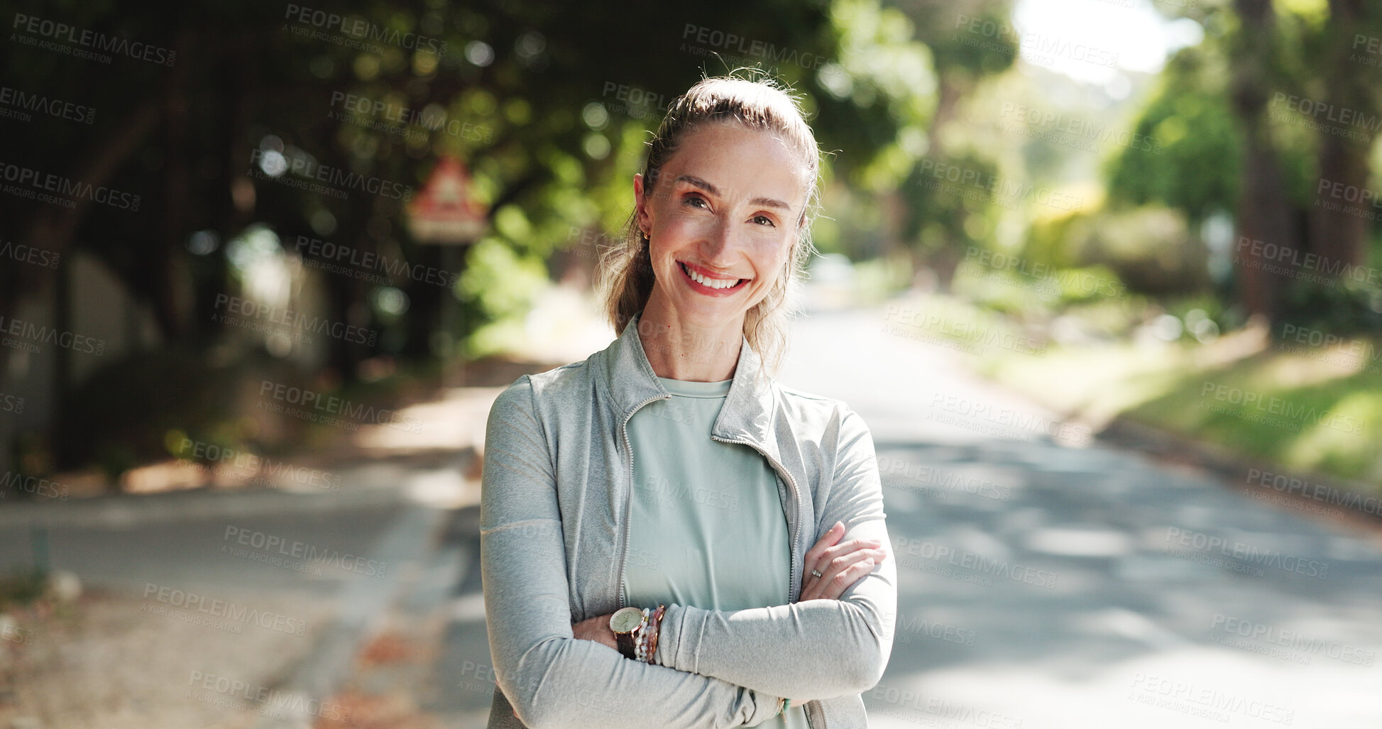 Buy stock photo Happy woman, portrait and fitness with confidence for workout exercise, health or wellness in road. Active, female person or neighborhood with smile or arms crossed for outdoor training in street