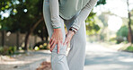 Senior woman, hands and fitness with knee pain for injury, accident or emergency in road. Elderly, female person or leg with ache, sprain or bone for muscle tension, fibromyalgia or bruise in street