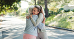 Senior, happy women or hug with personal trainer for fitness, love or thank you in road. Elderly, female people or embrace with smile or coach for workout, exercise or health together in neighborhood