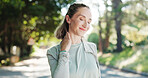 Woman, fitness and neck pain with stress in nature for workout accident, strain or pressure. Active, female person or sore shoulder with ache or injury for muscle tension, fibromyalgia or sprain