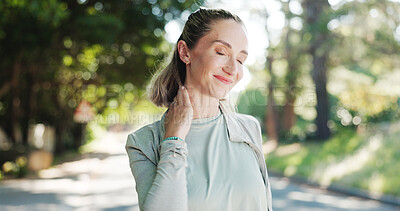 Buy stock photo Woman, fitness and neck pain with stress in nature for workout accident, strain or pressure. Active, female person or sore shoulder with ache or injury for muscle tension, fibromyalgia or sprain
