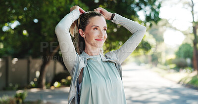 Buy stock photo Happy woman, fitness or thinking with preparation in road for workout, exercise or outdoor training. Active, female person or fresh air with smile or vision for physical activity, health or wellness