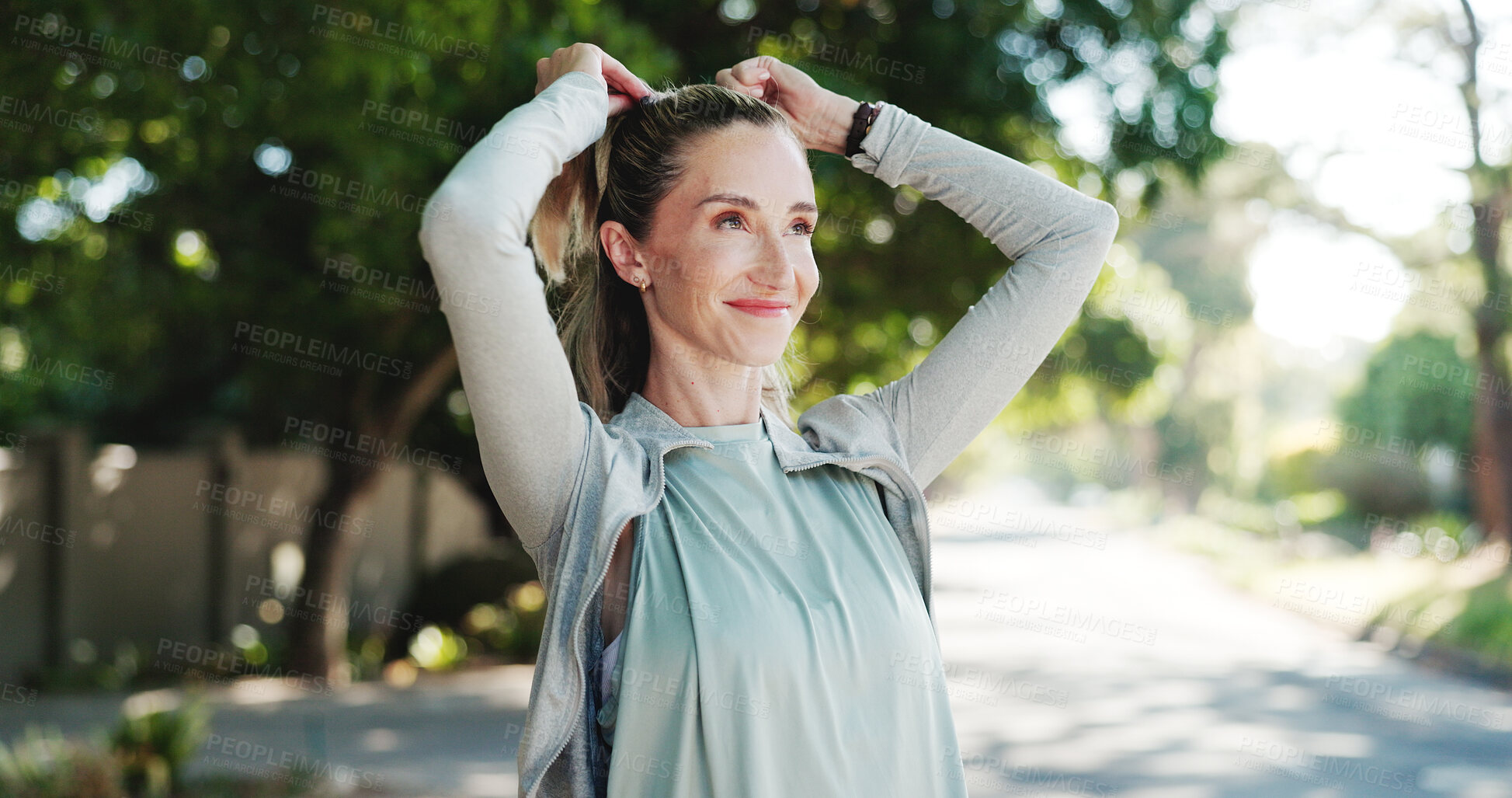 Buy stock photo Happy woman, fitness or thinking with preparation in road for workout, exercise or outdoor training. Active, female person or fresh air with smile or vision for physical activity, health or wellness