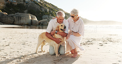 Buy stock photo Beach, happy and elderly couple with dog for walking, adventure and bonding on weekend. Marriage, retirement and senior man and woman with Golden Retriever by ocean for travel, wellness and health