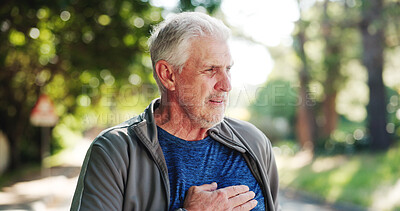 Buy stock photo Senior man, heart condition or fitness with cardiac arrest, ache or sore chest in nature. Elderly, male person or cardiovascular disease with illness for workout emergency, fatigue or medical problem