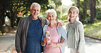 Park, woman and portrait of senior parents with water bottle for wellness, health and fitness. Outdoor, family and mom, dad and person with smile for active workout, exercise and walking for mobility