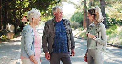 Buy stock photo Senior couple, fitness or listening with personal trainer in nature for workout tips or exercise. Elderly, man or woman with coach explaining benefits for outdoor training, health or wellness in road