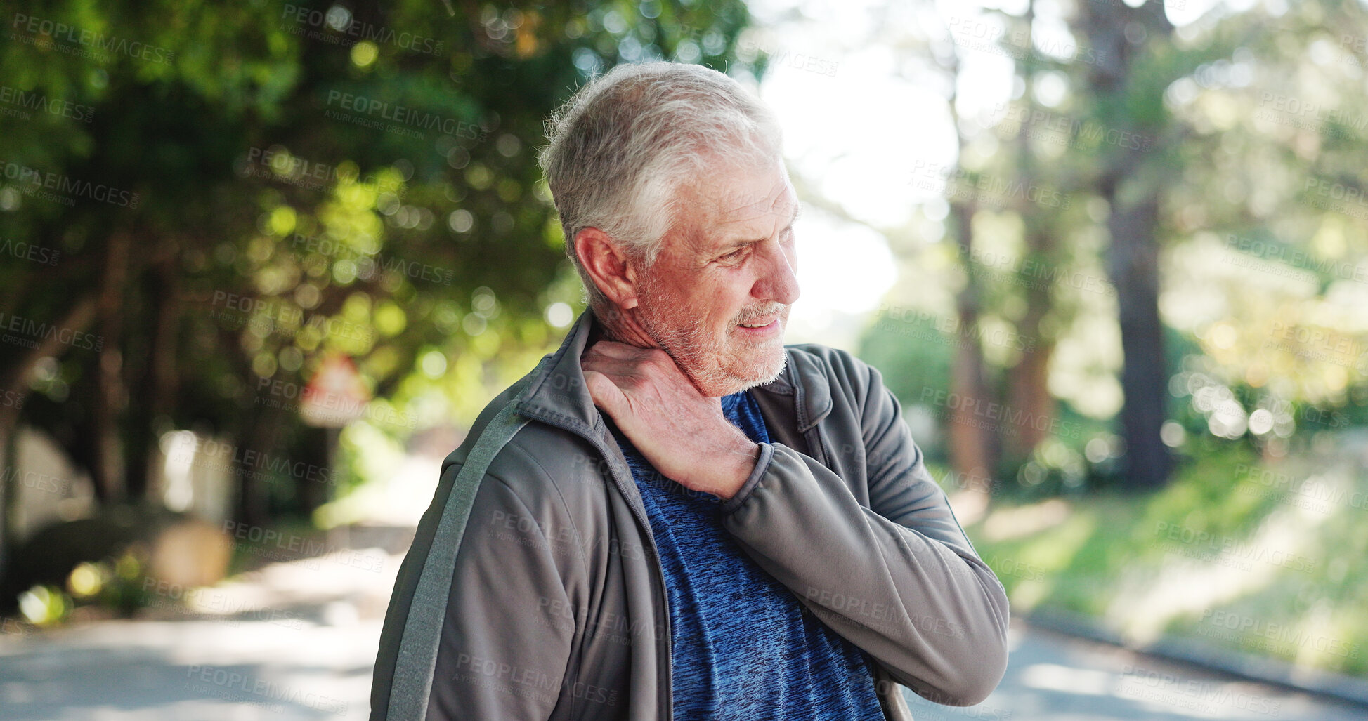 Buy stock photo Senior man, neck pain and fitness with injury, stress or muscle tension for emergency or strain. Active, elderly or male person with sore shoulder or ache for joint inflammation or fibromyalgia