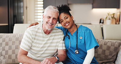 Buy stock photo Portrait, old man or caregiver on sofa with hug, connection or healthcare guidance in retirement care. Smile, trust or people in house with embrace, support or medical service in assisted living.