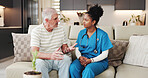 Consultation, old man or nurse on sofa with discussion, guidance or aid in treatment review. Healthcare, support or people in house for checkup, wellness advice or medical service in retirement care.