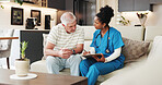 Checklist, senior man and nurse in home for medical assessment, checkup or consultation. Clipboard, caregiver and talk with person in retirement for health evaluation, writing report or test results