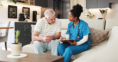 Buy stock photo Checklist, senior man and nurse in home for medical assessment, checkup or consultation. Clipboard, caregiver and talk with person in retirement for health evaluation, writing report or test results