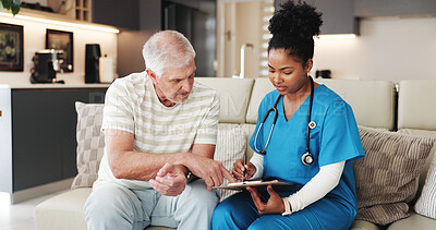 Buy stock photo Clipboard, senior man and nurse in home for medical assessment, checkup or consultation. Checklist, caregiver and talk with person in retirement for health evaluation, writing report or test results