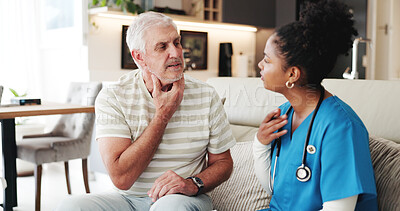 Buy stock photo Breathing, healthcare or neck with nurse and old man on sofa in living room of home for checkup. Appointment, medical or throat with caregiver and senior patient in apartment for insurance or support