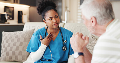 Buy stock photo Breathing, medical or neck with nurse and old man on sofa in living room of home for checkup. Appointment, healthcare or throat with caregiver and senior patient in apartment for insurance or support