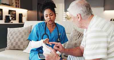 Buy stock photo Medicine box, old man and nurse in home for medical prescription, dose and drugs for remedy. Medication, caregiver and talk with person in retirement for healthcare advice, schedule and treatment