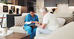 Home, nurse and old man on sofa, tablet and conversation with healthcare, wellness and medical help. Digital app, pensioner and caregiver with mature person, tech and patient info with consultation