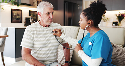 Buy stock photo Doctor, old man and consultation in home with stethoscope for heart assessment, checkup and support. Healthcare worker, elderly person and medical tool for cardiology evaluation, appointment or help.
