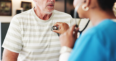 Buy stock photo Doctor, old man and breathing in home with stethoscope for heart assessment, lung test and checkup. Healthcare worker, elderly person and consultation for cardiology evaluation, chest exam and help.