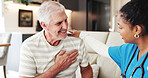 Breathing, chest or healthcare with nurse and old man on sofa in living room of home for checkup. Appointment, lungs or medical with caregiver and senior patient in apartment for insurance or support