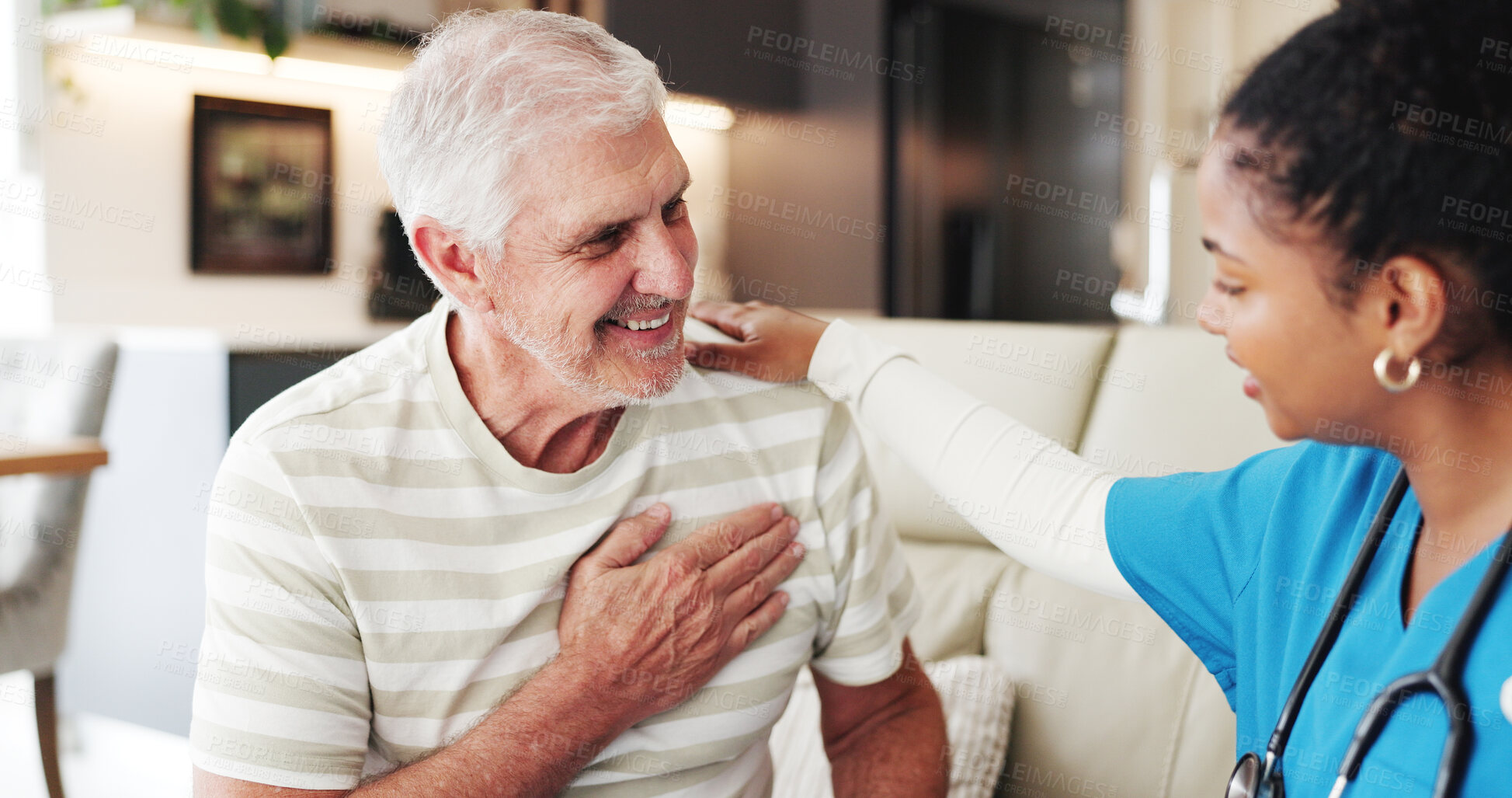 Buy stock photo Breathing, chest or healthcare with nurse and old man on sofa in living room of home for checkup. Appointment, lungs or medical with caregiver and senior patient in apartment for insurance or support