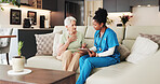 Chest, clipboard or healthcare with nurse and old woman on sofa in home living room for checkup. Appointment, checklist or lungs with caregiver and senior patient in apartment for medical insurance