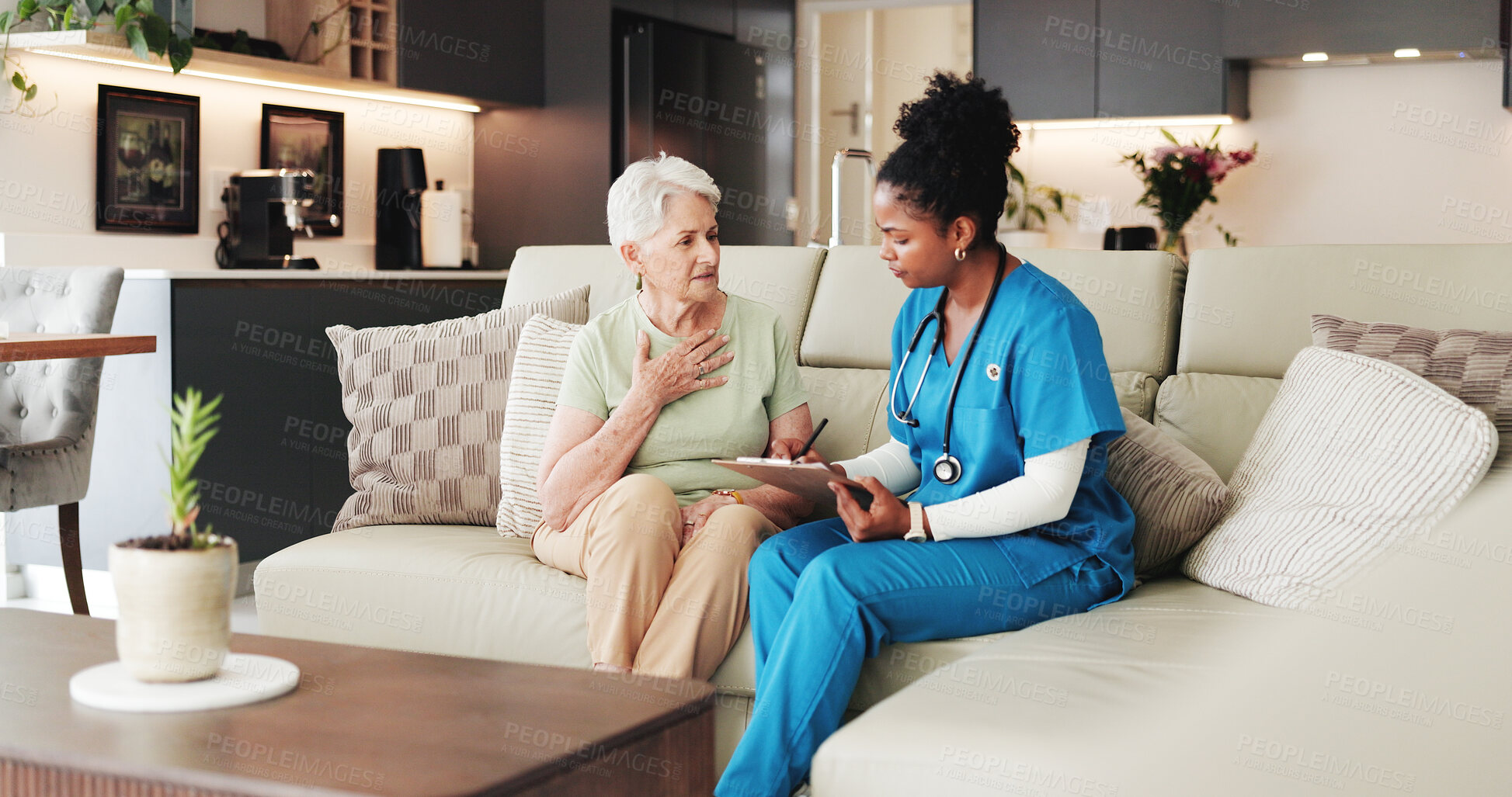 Buy stock photo Chest, clipboard or healthcare with nurse and old woman on sofa in home living room for checkup. Appointment, checklist or lungs with caregiver and senior patient in apartment for medical insurance